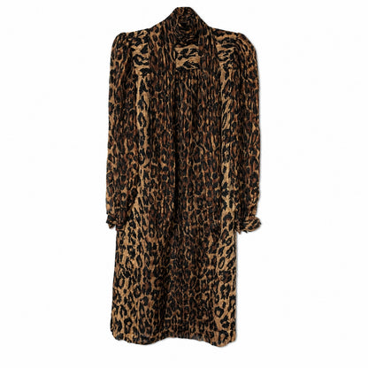 100% Silk Stanley Sherman Leopard Print Midi Dress | Bow Tie Neck