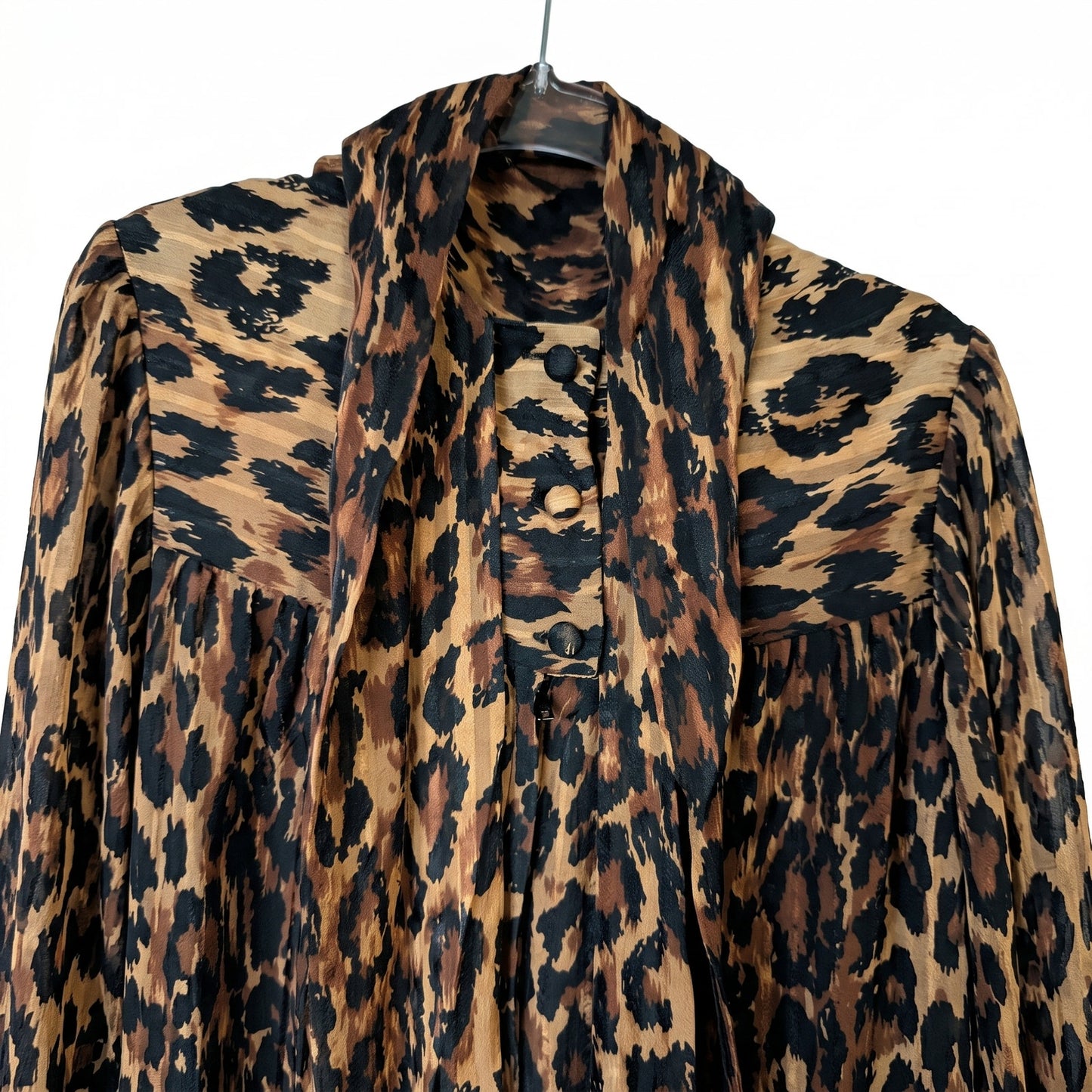 100% Silk Stanley Sherman Leopard Print Midi Dress | Bow Tie Neck
