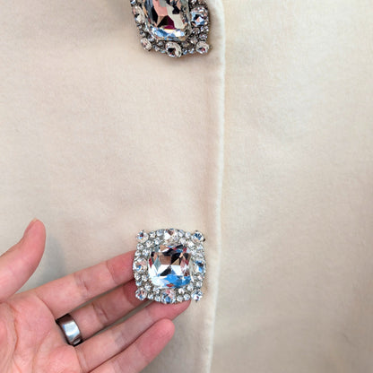Ivory Merino Wool Cashmere Walking Coat with Crystal Buttons NWT
