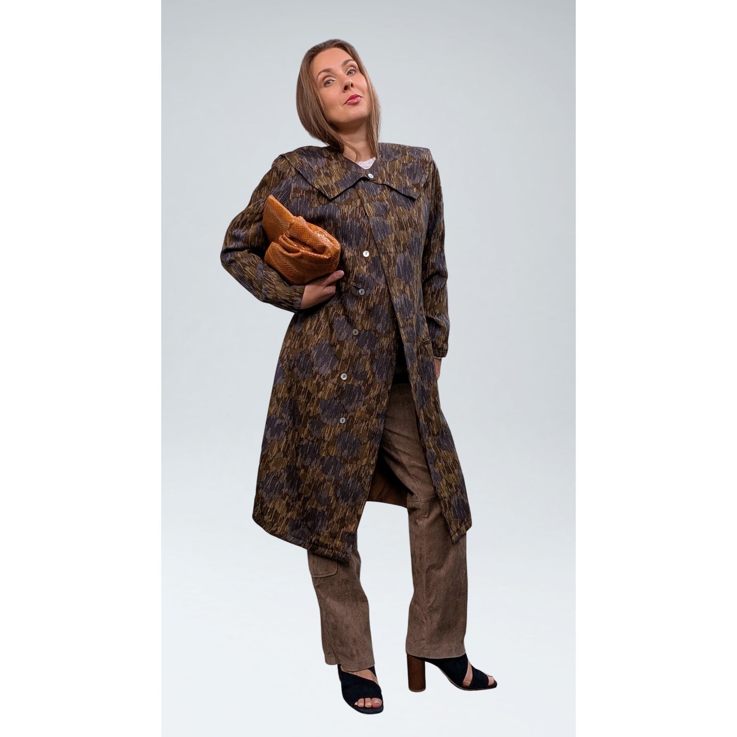 Vintage Omanti Wool Coat with Detachable Collar Olive Multi-Tone