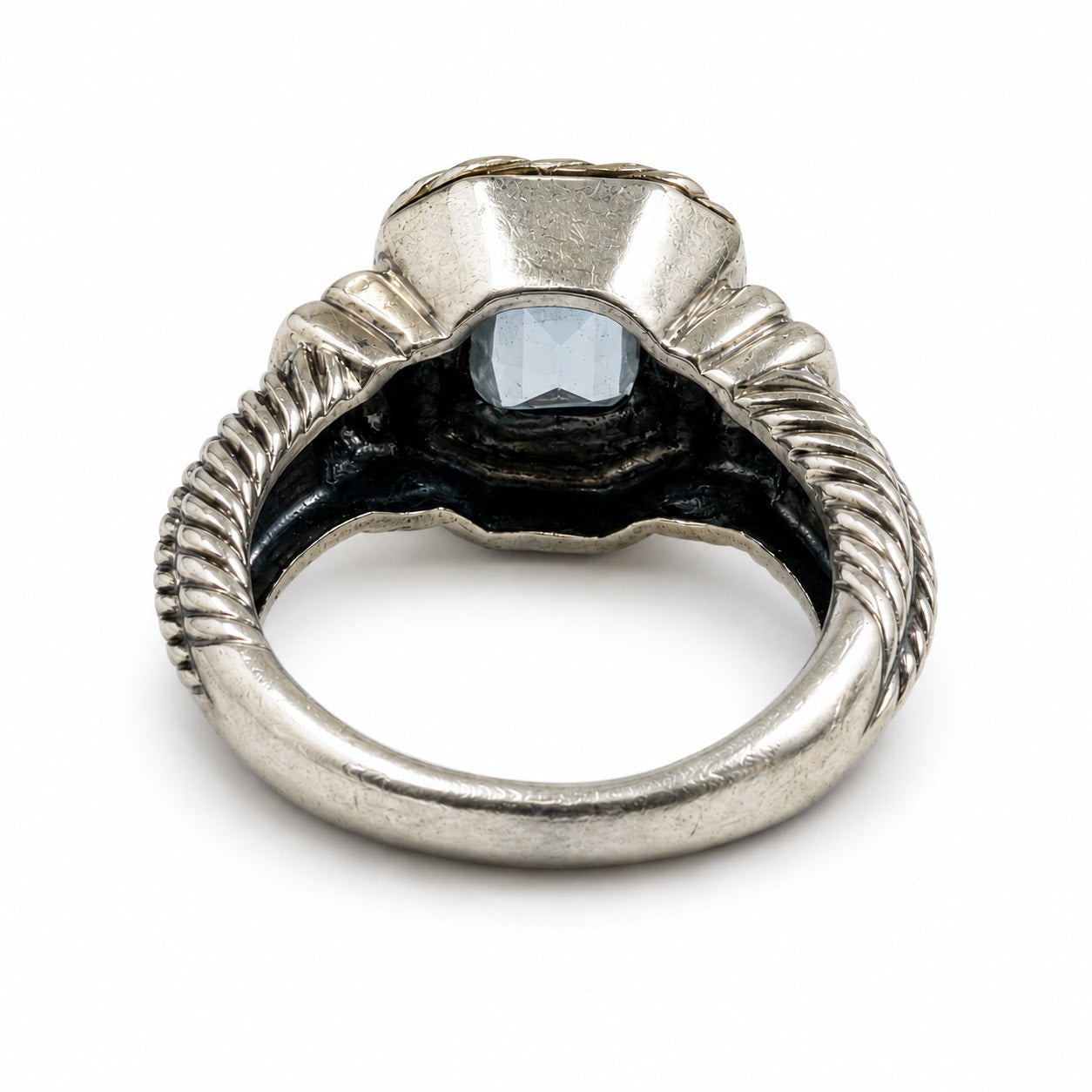 925 Sterling Silver 14K Gold Blue Topaz Cable Ring Size 8