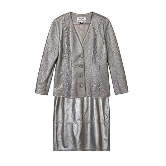 RARE DERO Rocco D'Amelio Silver Studded Leather Skirt Suit Quilted Jacket