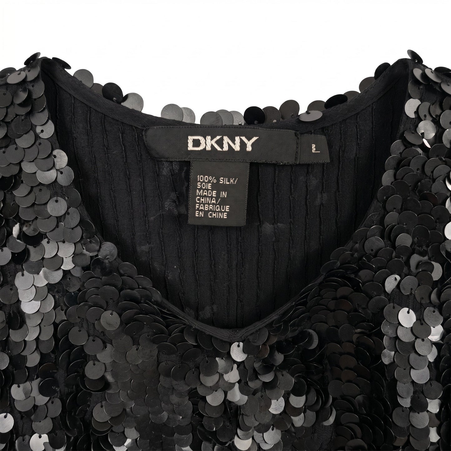 100% Silk DKNY Black Silver Paillette Sequin Sleeveless Shell Top | Party