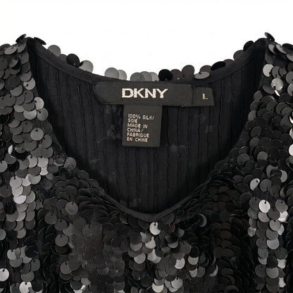 100% Silk DKNY Black Silver Paillette Sequin Sleeveless Shell Top | Party