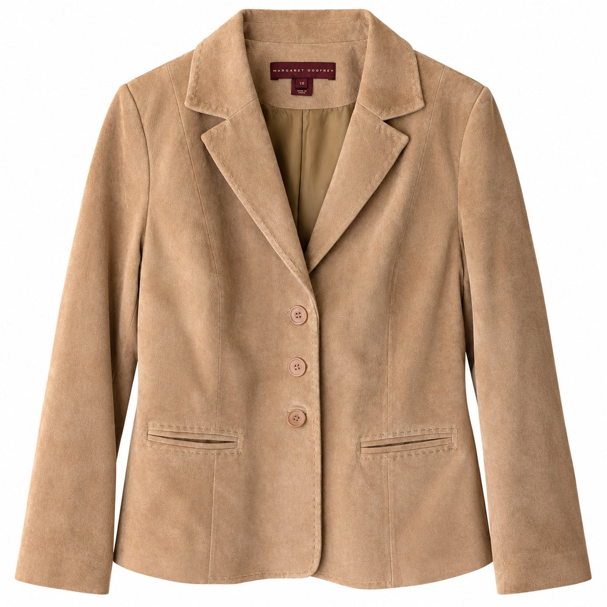 Margaret Godfrey Tan Suede Leather Blazer Jacket 3-Button Lined Size 14