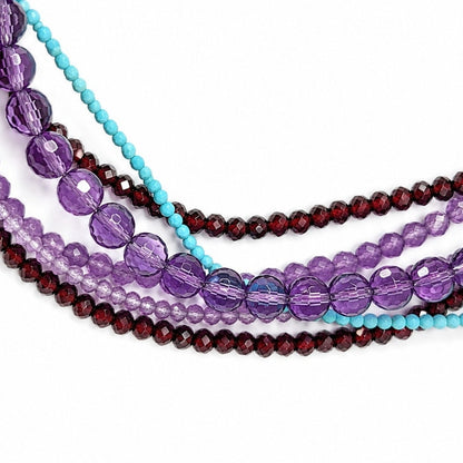 Artisan 6 Strand Garnet Amethyst Turquoise Necklace Sterling Silver Adjustable