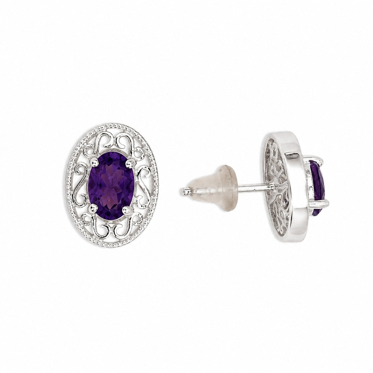 925 Sterling Silver Amethyst Jewelry Set Necklace & Stud Earrings Filigree New