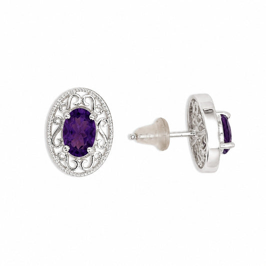 925 Sterling Silver Amethyst Jewelry Set Necklace & Stud Earrings Filigree New