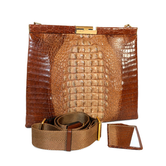 Vintage 100% Genuine Crocodile Skin Handbag Brown Suede Lined Gold Frame Shoulder Strap Mirror