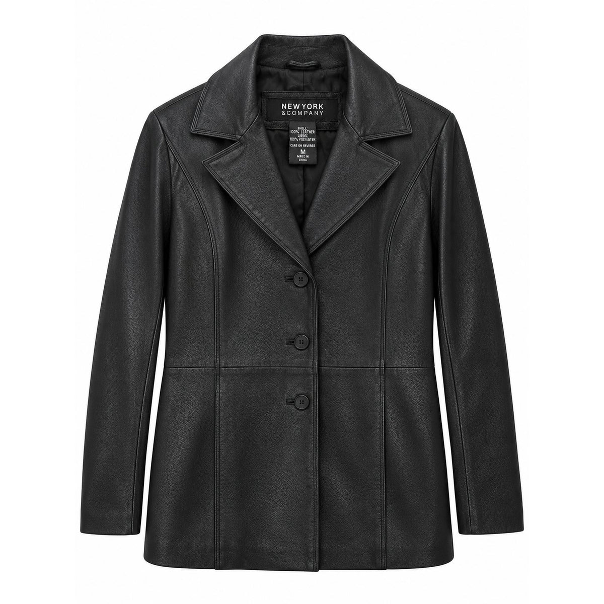 New York & Company Black Genuine Leather Blazer Jacket 3-Button Lined