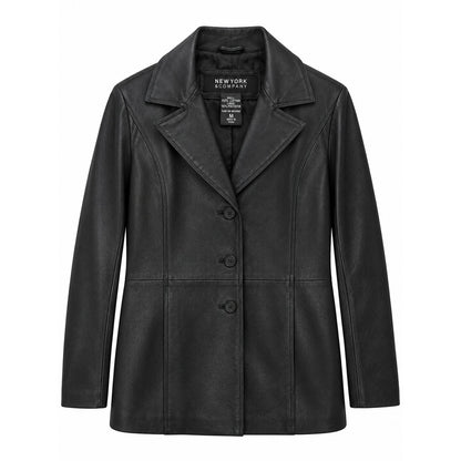 New York & Company Black Genuine Leather Blazer Jacket 3-Button Lined