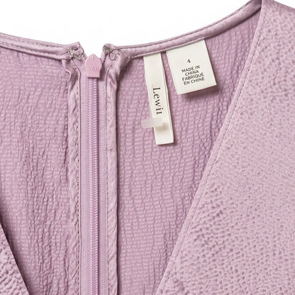 100% Silk Lewit Lilac Crinkle  Midi Dress | V-Neck Blouson Sleeves | Buckle Belt