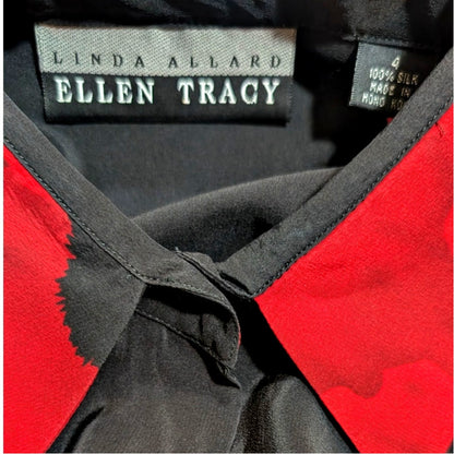 100% Silk Linda Allard Ellen Tracy Black Poppy Blouse Bold Red Floral | Button-Down