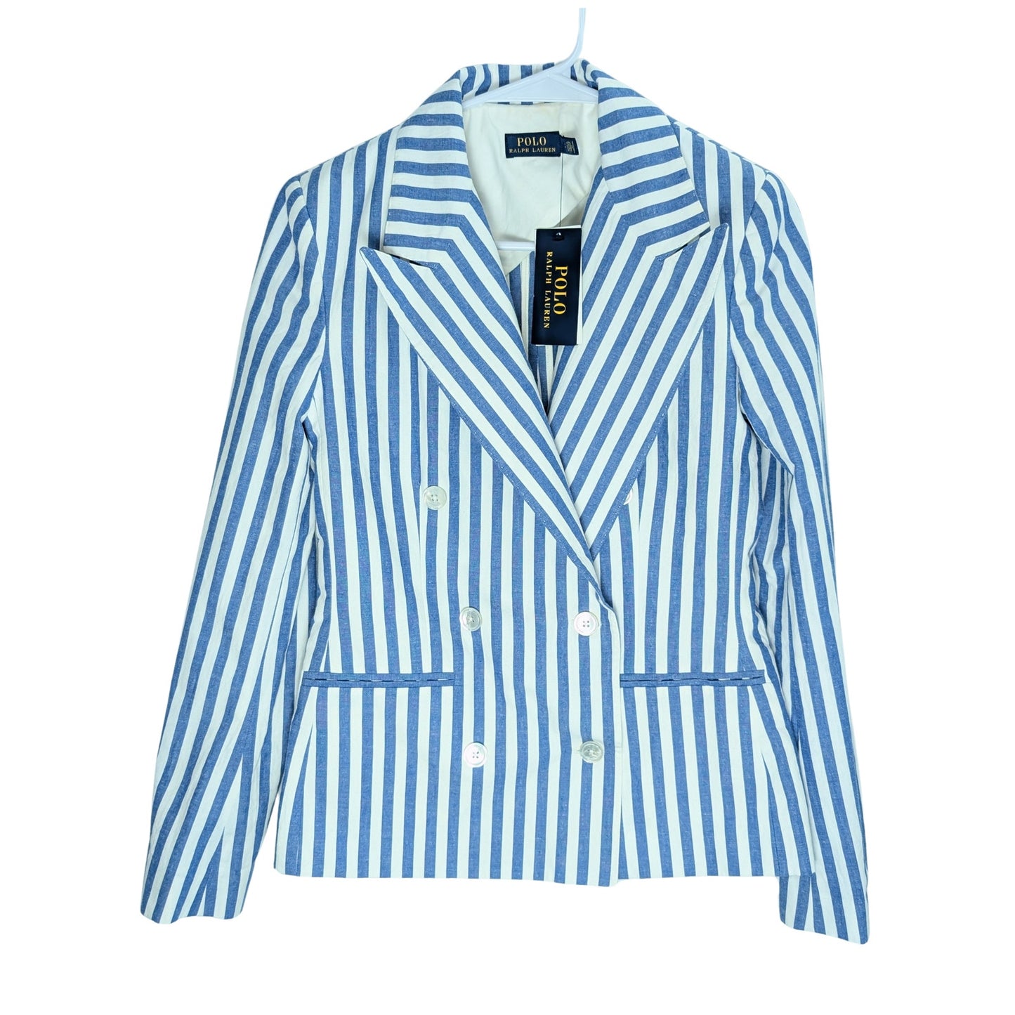 striped blazer, striped jacket, blue and white striped jacket, double-breasted jacket, Ralph Lauren, Polo, RL, collectable, NWT, linen blazer, linen jacket, cotton jacket, summer jacket.