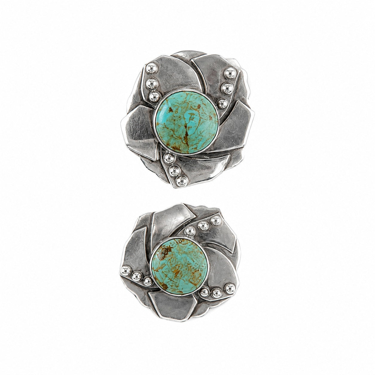 intage 925 Sterling Silver Natural Turquoise Statement Floral Stud Earrings