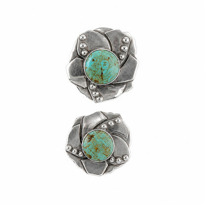 intage 925 Sterling Silver Natural Turquoise Statement Floral Stud Earrings