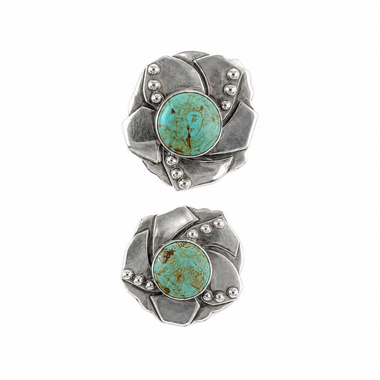 intage 925 Sterling Silver Natural Turquoise Statement Floral Stud Earrings