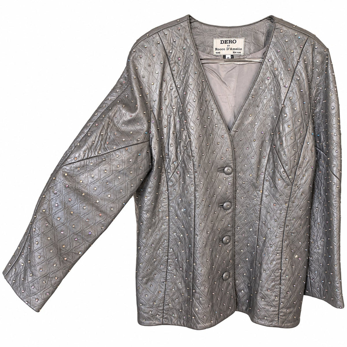 RARE DERO Rocco D'Amelio Silver Studded Leather Skirt Suit Quilted Jacket