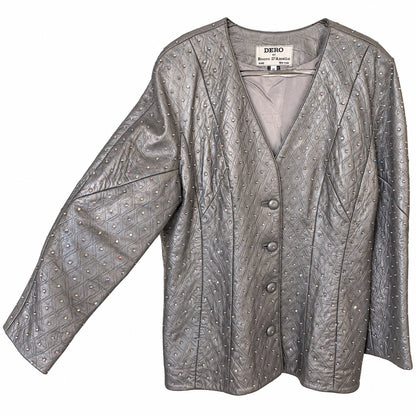 RARE DERO Rocco D'Amelio Silver Studded Leather Skirt Suit Quilted Jacket