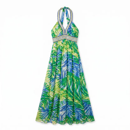 NWT 100% Silk BCBG Max Azria Tropical Print Halter Maxi | Sequin Empire Waist
