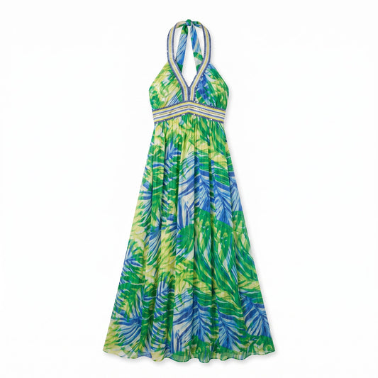 NWT 100% Silk Tropical Print Halter Maxi Dress BCBG Max Azria | Sequin Empire Waist | 0