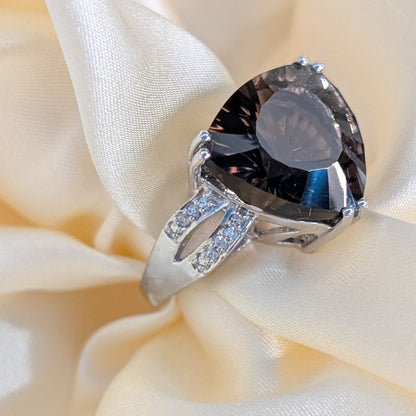 Smoky Quartz Statement Ring 925 Sterling Silver Size 5 Trillion Cut CZ Accent Ring