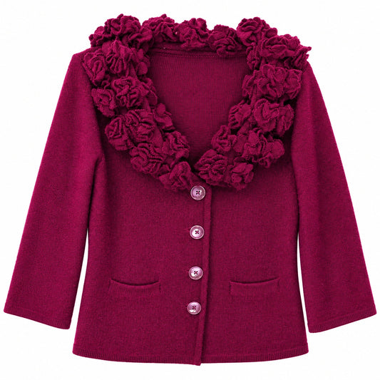 Soft Surroundings Plum Wool Cardigan with Ruffle Rosette Collar, Size XS