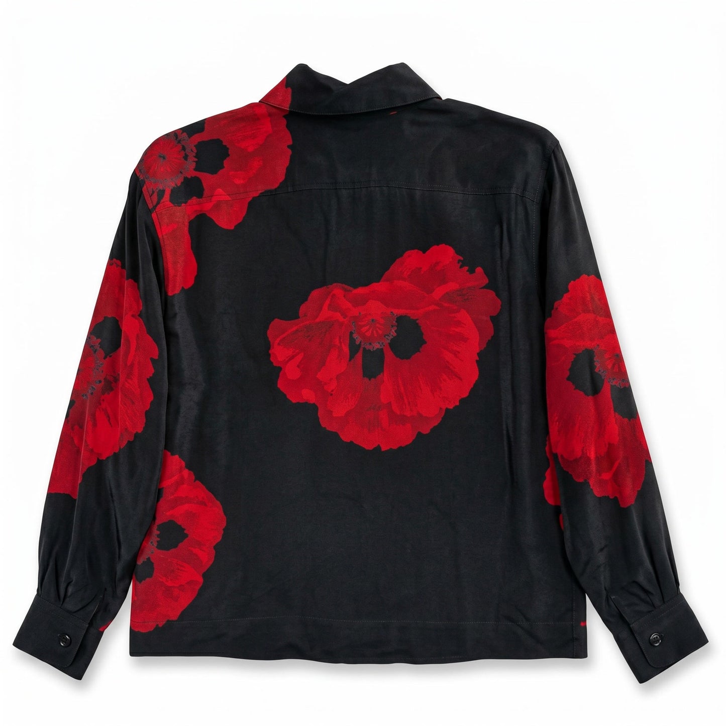 100% Silk Linda Allard Ellen Tracy Black Poppy Blouse Bold Red Floral | Button-Down