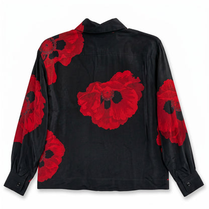 100% Silk Linda Allard Ellen Tracy Black Poppy Blouse Bold Red Floral | Button-Down