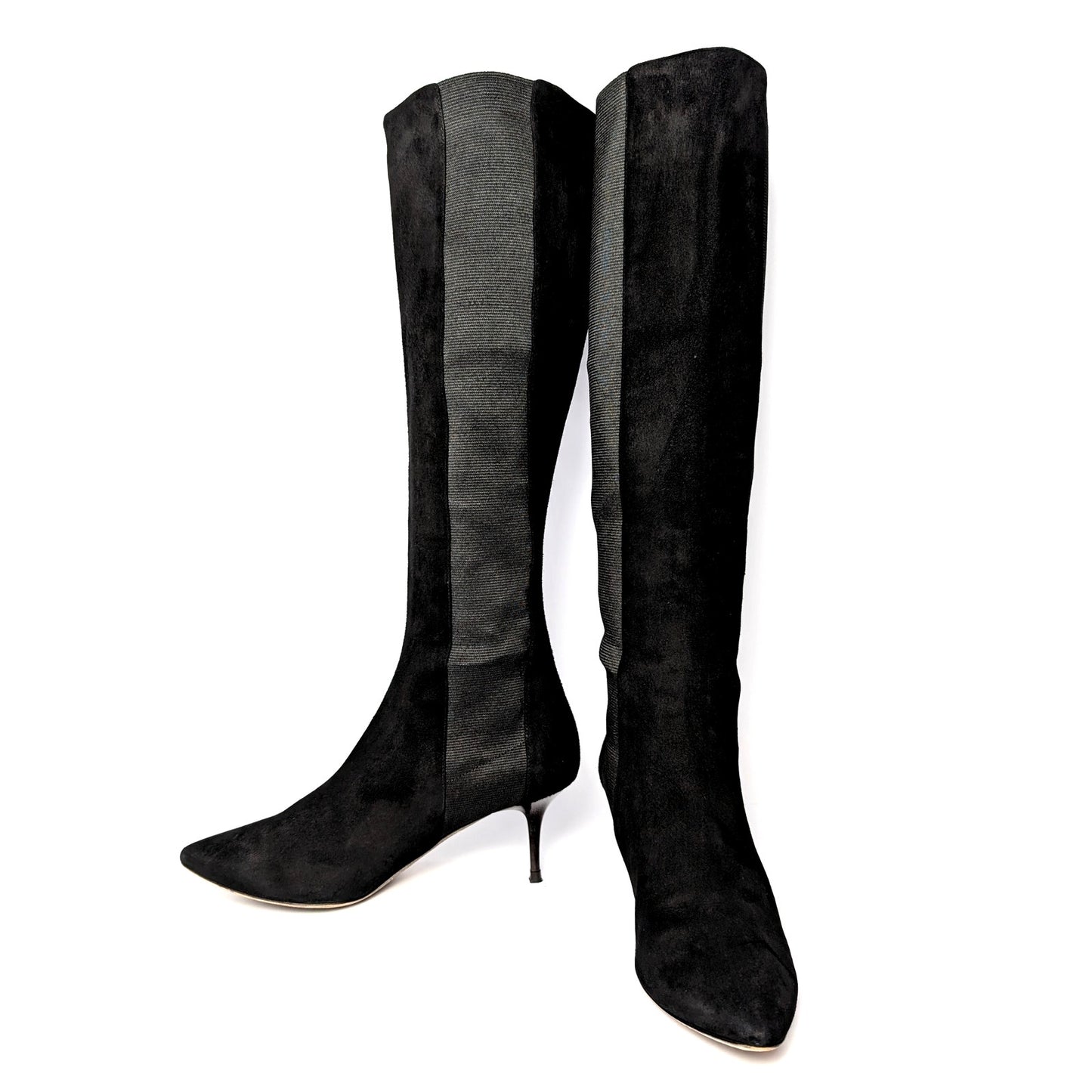 Jimmy Choo knee-high boots, Jimmy Choo Faith 85, black suede boots, pointed toe boots, 3 inch heel, pull-on boots, stretch panel boots, designer boots size, Italian suede boots, luxury suede knee boots, pre-owned Jimmy Choo, size 7 boots, Stiletto boots, kitten heel,