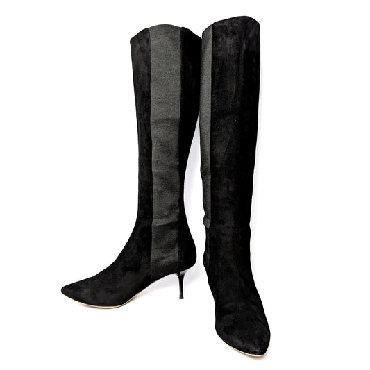 Jimmy Choo knee-high boots, Jimmy Choo Faith 85, black suede boots, pointed toe boots, 3 inch heel, pull-on boots, stretch panel boots, designer boots size, Italian suede boots, luxury suede knee boots, pre-owned Jimmy Choo, size 7 boots, Stiletto boots, kitten heel,