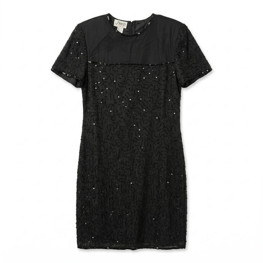 100% Silk Embellished Cocktail Evening Dress JMD New York Black Silk Beaded Midi Dress Size L