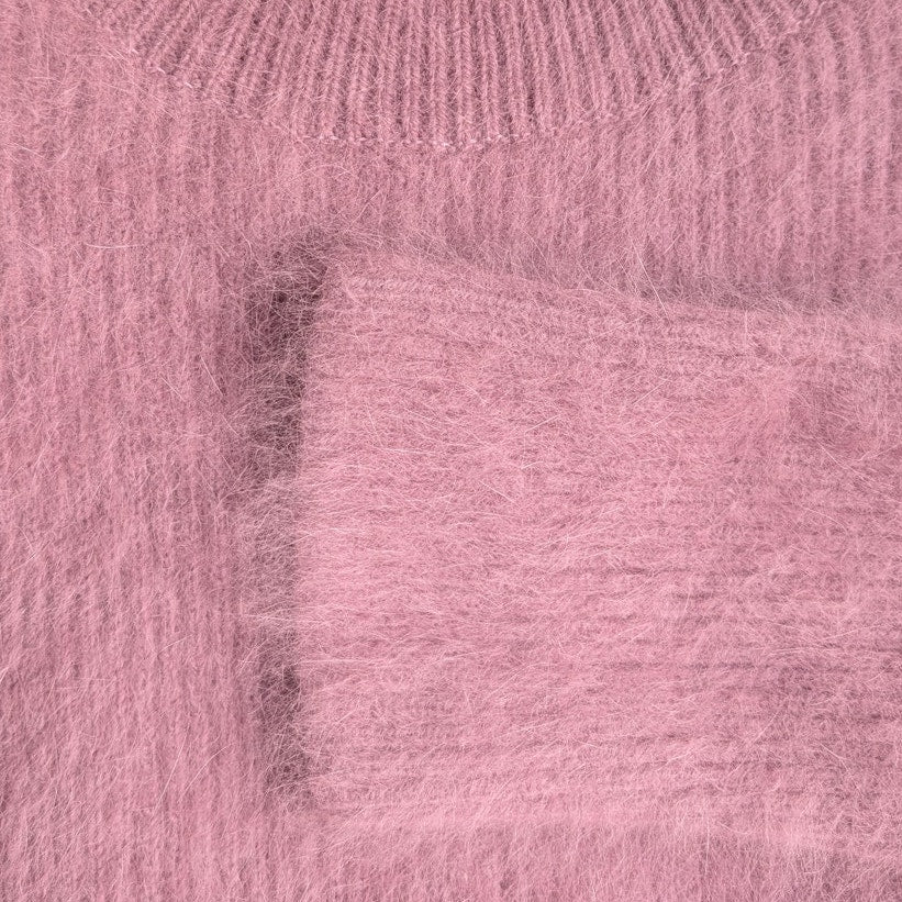 Lilac Pink Fuzzy Wool Angora Feel Mock Neck Tunic Sweater Dress, Front Slit