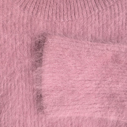 Lilac Pink Fuzzy Wool Angora Feel Mock Neck Tunic Sweater Dress, Front Slit