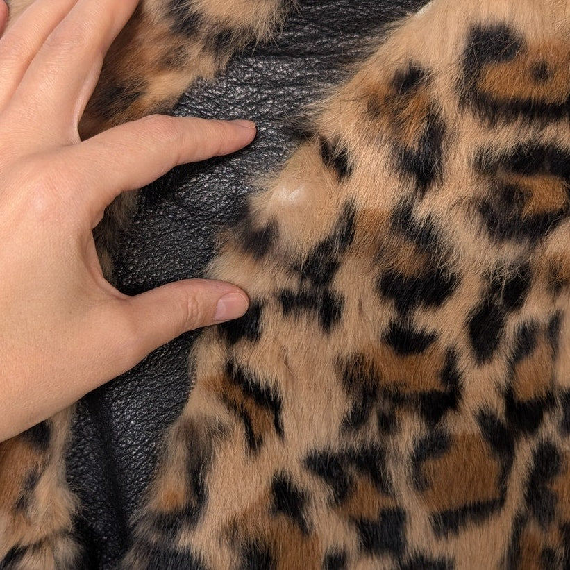 Pam & Gela Genuine Rabbit Fur Leather Leopard Bomber Jacket Size S