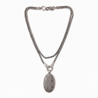 925 Sterling Silver Oval Filigree Pendant Necklace Long Vintage Style 17" Double Chain