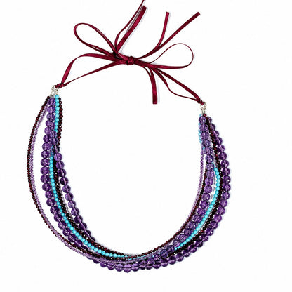 Artisan 6 Strand Garnet Amethyst Turquoise Necklace Sterling Silver Adjustable