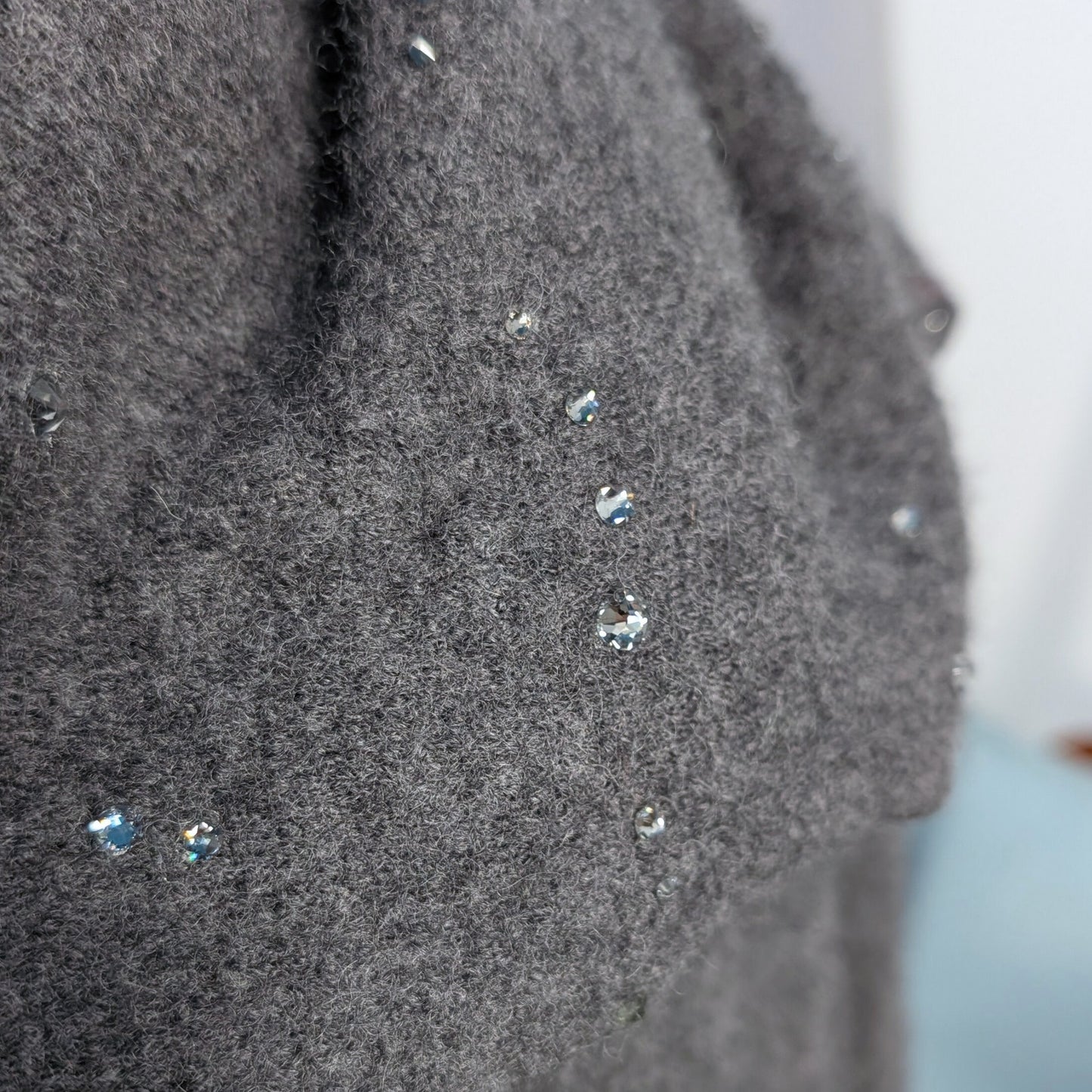 Upcycled Charcoal Wool Coat with Austrian Crystal Raindrop Embellishment