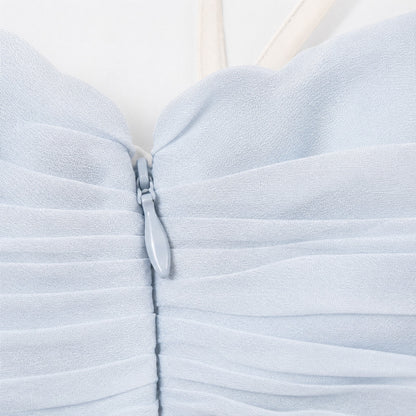 100% Silk  Pamella Roland Ice Blue One-Shoulder Pleated Chiffon Gown | Boned Bodice | Formal