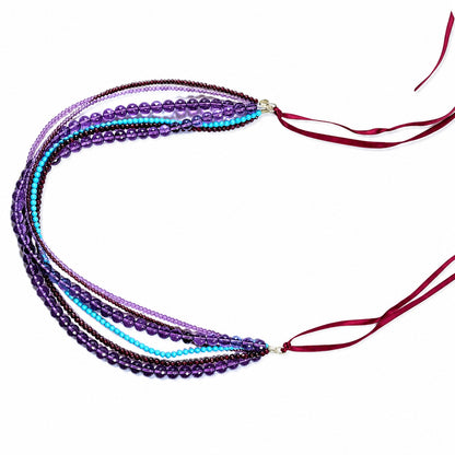 Artisan 6 Strand Garnet Amethyst Turquoise Necklace Sterling Silver Adjustable