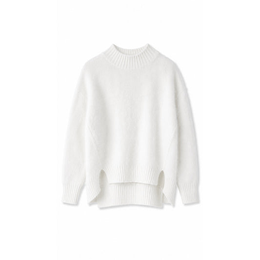 White Fuzzy Wool Angora Feel Mock Neck Sweater, Double Layer Knit, Size M