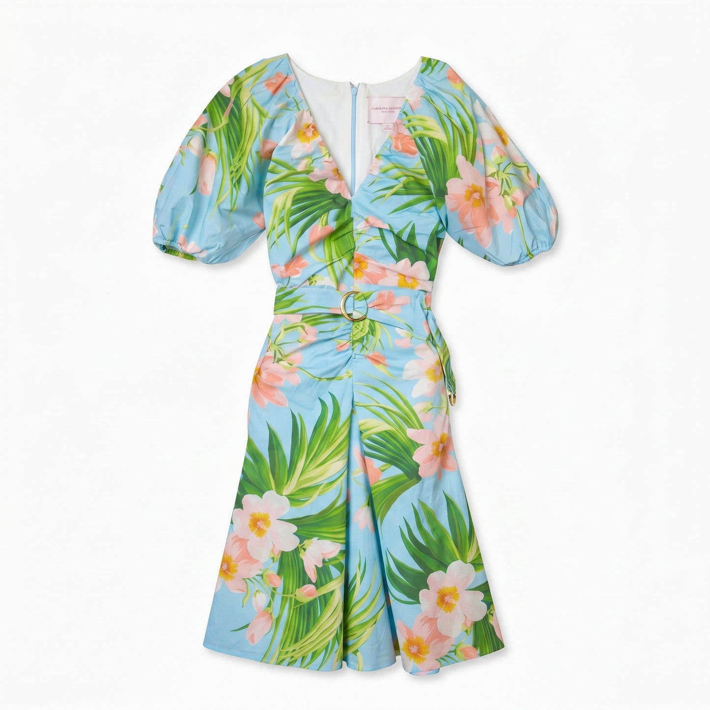Carolina Herrera Blue Tropical Floral Mini Dress | Puff Sleeves | Belted | 100% Cotton | Italy
