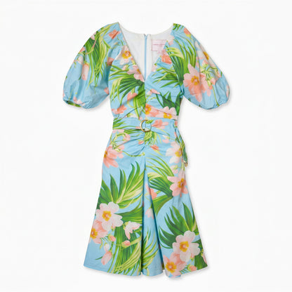 Carolina Herrera Blue Tropical Floral Mini Dress | Puff Sleeves | Belted | 100% Cotton | Italy