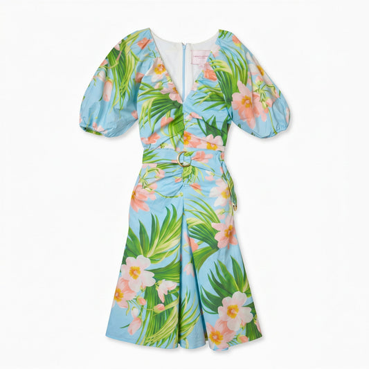 Carolina Herrera Blue Tropical Floral Mini Dress | Puff Sleeves | Belted | 100% Cotton | Italy