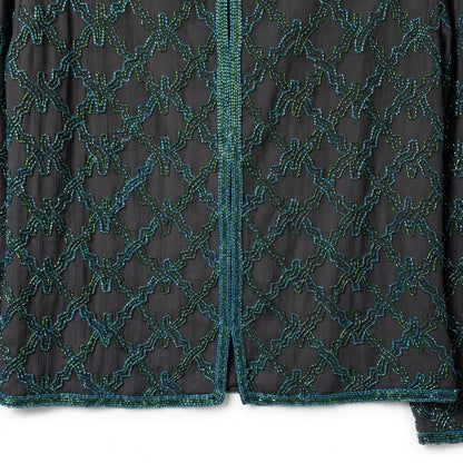 100% Silk Scala Beaded Evening Jacket Black Teal Green Seed Bead Geometric XL