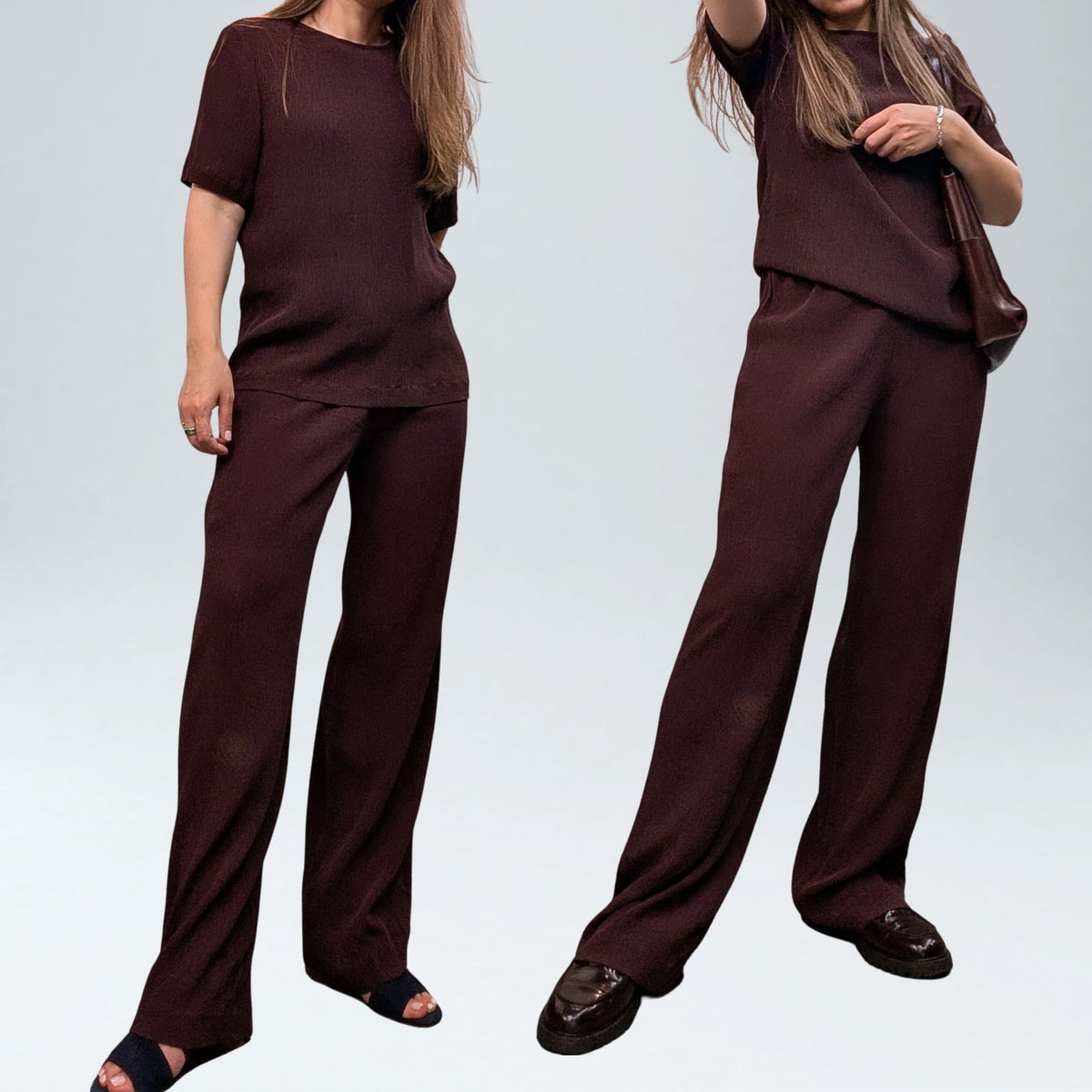 Georgiou Studio Burgundy 100% Silk Crinkle Top and Wide Leg Pants Set 4 / 6P