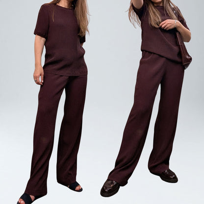 Georgiou Studio Burgundy 100% Silk Crinkle Top and Wide Leg Pants Set 4 / 6P