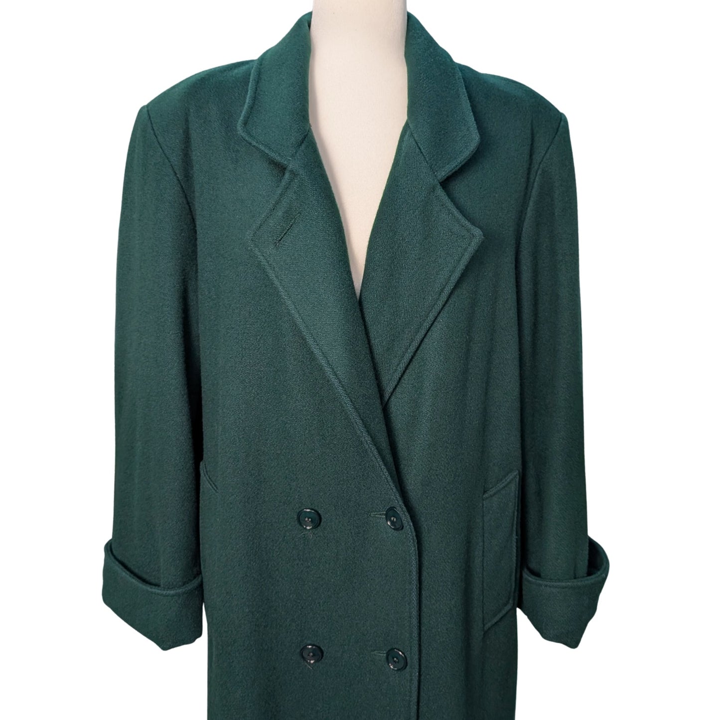Vintage Forest Green Wool Full-Length Double-Breasted Coat Plus Size