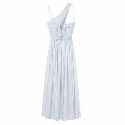 100% Silk  Pamella Roland Ice Blue One-Shoulder Pleated Chiffon Gown | Boned Bodice | Formal