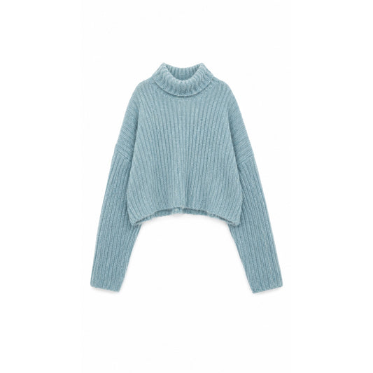 Light Blue Mohair Wool Blend Cropped Turtleneck Sweater, Chunky Wide Rib Knit